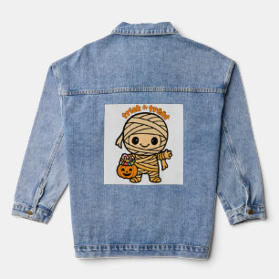 Niedlich lächelnd Mama Kid mit Kürbiscreme Jeansjacke