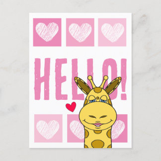 Niedlich lächelnde Giraffe mit Herz rosa Hallo Postkarte