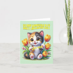 Niedlich lächelnde Katze wünscht glückliche Mütter Feiertagskarte