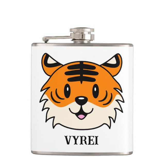 Niedlich Lächelnder Cartoon Tiger Flachmann (Vorderseite)