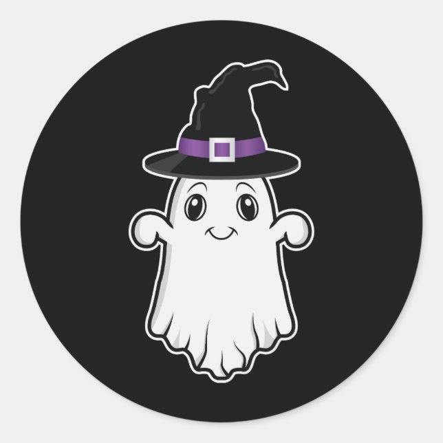 Niedlich lächelnder Geist, der ein Hexenhutenhuten Runder Aufkleber (Vorderseite)