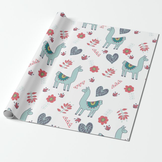 Niedlich Lama Floral Muster drucken Geschenkpapier (Ungerollt)