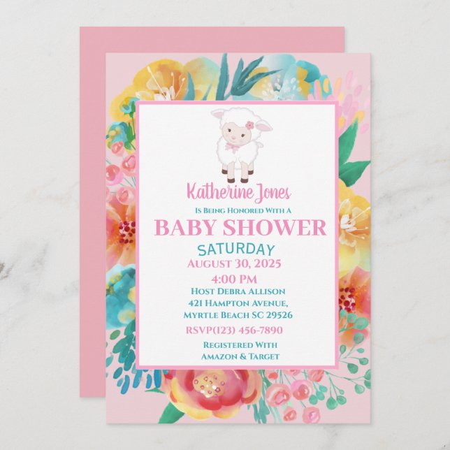 Niedlich Lamm Pink Blumendusche Einladung (Vorne/Hinten)
