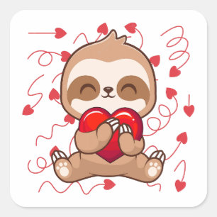 Niedlich Lazy Sloth Holding Heart Liebe Sloth Quadratischer Aufkleber