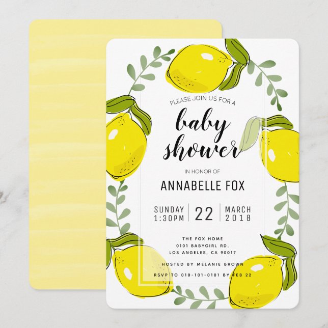 Niedlich Lemon Citrus White Baby Dusche Einladung (Vorne/Hinten)