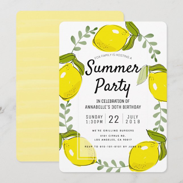 Niedlich Lemon Citrus White Summer Party Einladung (Vorne/Hinten)