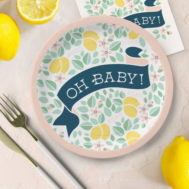 Niedlich Lemon Yellow Pink Botanical Baby Dusche Pappteller (Cute Lemon Yellow Botanical Bold Baby Shower paper plate)