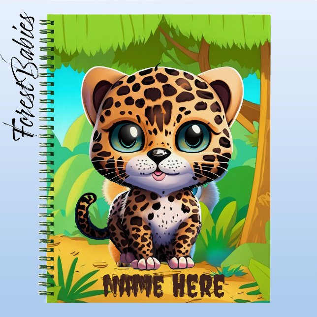 Niedlich Leopard Kitty Cat Safari Jungle Tier Notizbuch (Leopard, Customizable ForestBabies 8.5"x11" Notebook - Front)