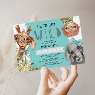 Niedlich Let's Get Wild Blue Jungle 1. Geburtstag Einladung