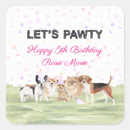 Niedlich Let's Pawty Pink Custom Hund Geburtstagsp Quadratischer Aufkleber