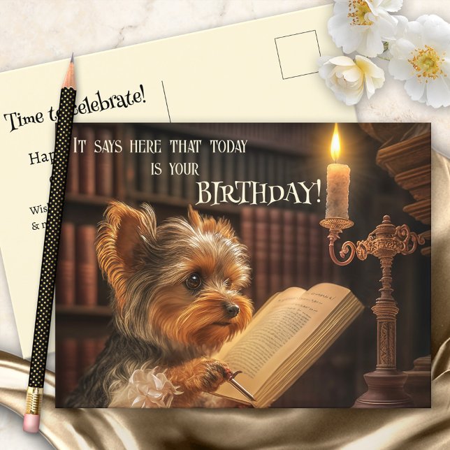 Niedlich Library Yorkshire Dog Birthday Postkarte (Von Creator hochgeladen)