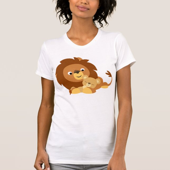 Niedlich liebender Cartoon Löwe Vater und Cub Wome T-Shirt (Vorderseite)