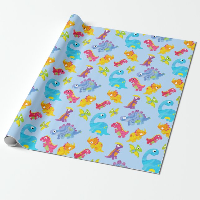 Niedlich Light Pastel Blue Baby Dinosaur Geburtsta Geschenkpapier (Ungerollt)