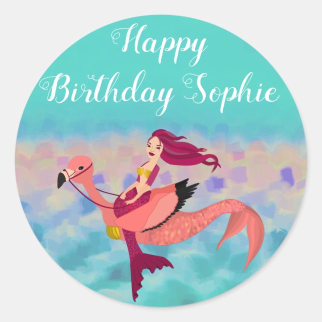 Niedlich Lila Mermaid Flamingo Happy Birthday Runder Aufkleber (Vorderseite)