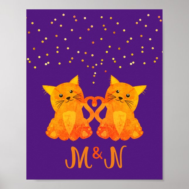 Niedlich Lila Orange Kitten Couple Two Monogram Poster (Vorne)