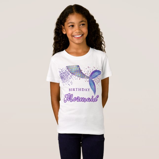 Niedlich Lila Pink Moderner Glitzer Mermaid Geburt T-Shirt (Vorne ganz)