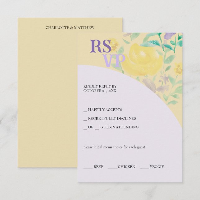 Niedlich Lilac Yellow Green Floral Aquarell RSVP Karte (Vorne/Hinten)