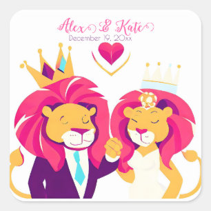 Niedlich Lion Couple Romantische Hochzeit Quadratischer Aufkleber