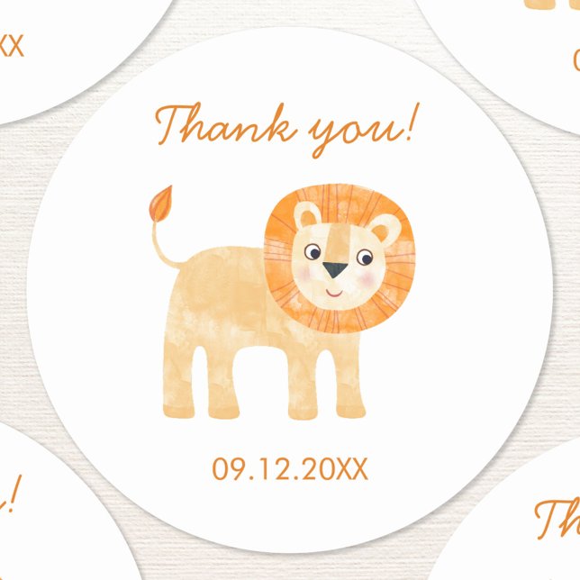Niedlich Lion Dankeschön Datum Runder Aufkleber (Cute watercolor lion safari themed thank you sticker with custom date)
