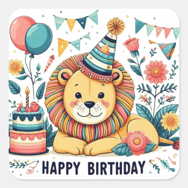 Niedlich Lion Happy Birthday Party Hat Quadratischer Aufkleber (Vorderseite)