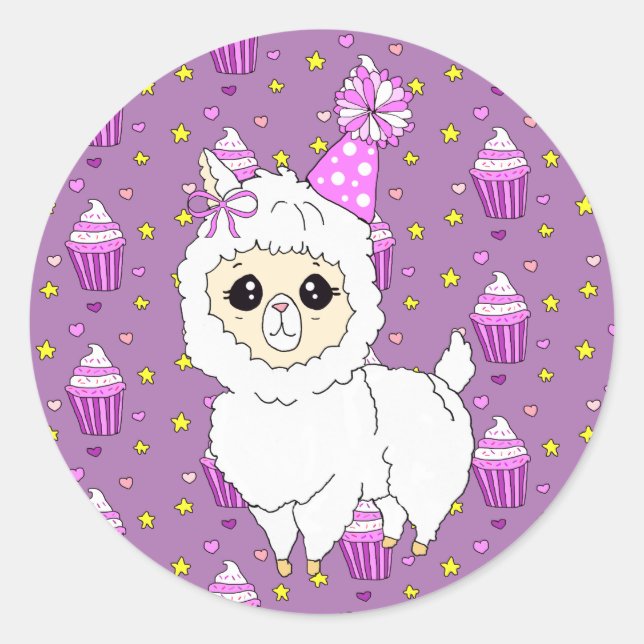 Niedlich Little Birthday Llama Lila Runder Aufkleber (Vorderseite)