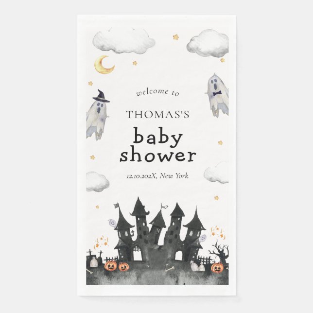 Niedlich Little Boo Ghost House Babydusche Willkom Serviette (Vorderseite)