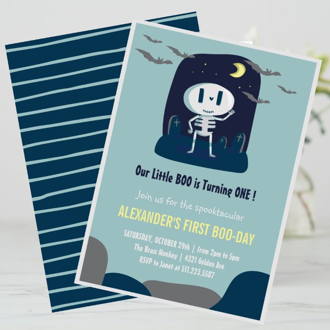 Niedlich Little Boo Skull Boy Halloween 1. Geburts Einladung (Halloween-1st-Birthday-Invitation-Cute-Little-boo-skull-Boy-1)