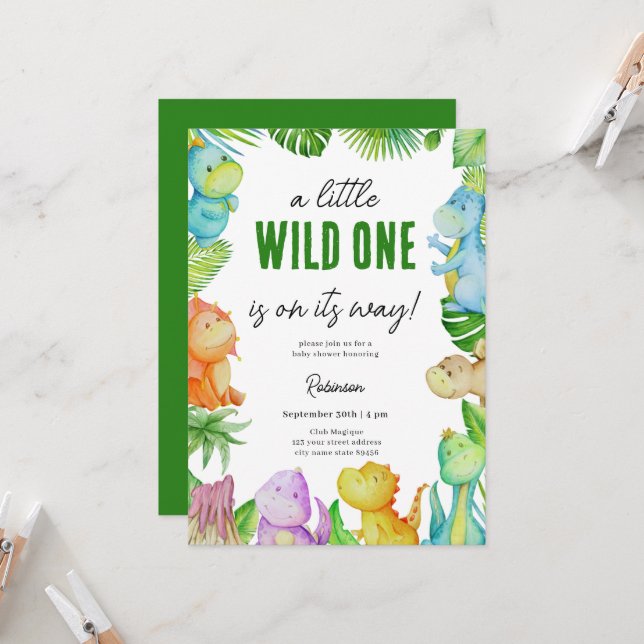 Niedlich Little Dino Baby Dusche Einladung (Vorderseite/Rückseite Beispiel)