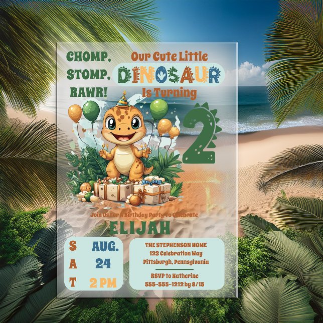 Niedlich Little Dinosaur Junge 2. Geburtstag Party Acryleinladungen ("Chomp, Stomp, Rawr!" "Our Cute Little Dinosaur Is Turning 2" 2nd Birthday Party Acrylic Invitation)