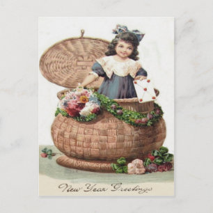 Niedlich Little Girl Basket Wreath Garland Letter Postkarte