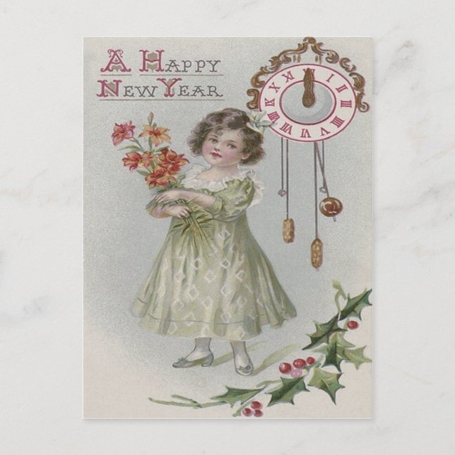 Niedlich Little Girl Clock Midnight Holly Blume Postkarte (Vorderseite)