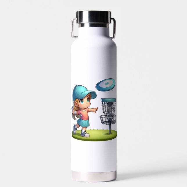 Niedlich Little Girl Disk Golf Cartoon Personalisi Trinkflasche (Vorne)