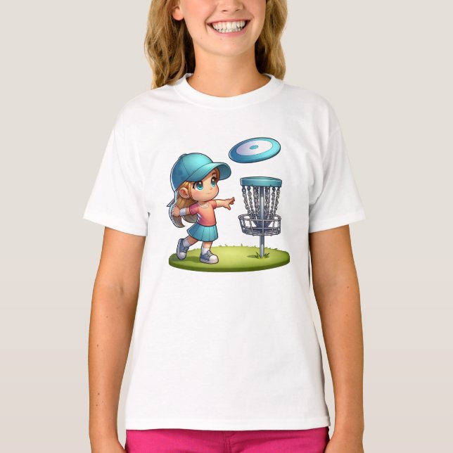 Niedlich Little Girl Disk Golf Cartoon T-Shirt (Vorderseite)