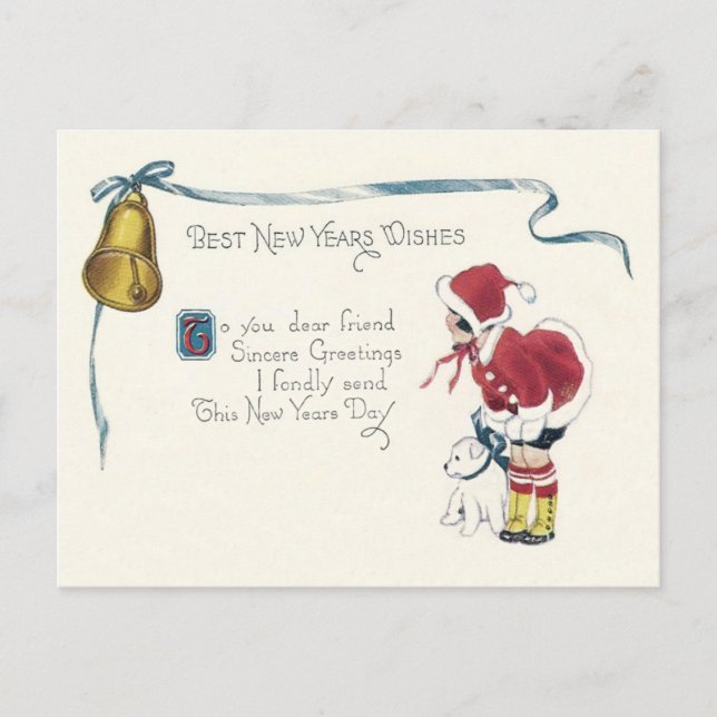Niedlich Little Girl Dog Bell Postkarte (Vorderseite)