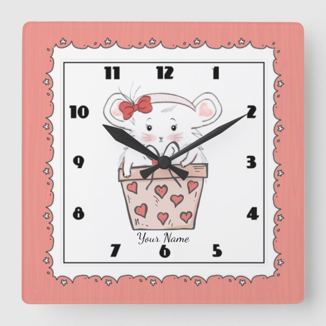 Niedlich Little Girl Hamster Pink Quadratische Wanduhr (Vorderseite)
