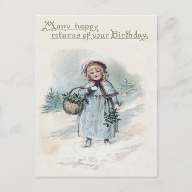 Niedlich Little Girl Holly Snow Evergreen Basket Postkarte (Vorderseite)