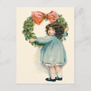 Niedlich Little Girl Holly Wreath Pink Bow Postkarte