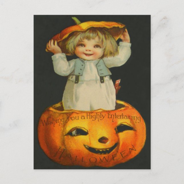 Niedlich Little Girl Lächeln Jack O' Lantern Pumpk Postkarte (Vorderseite)