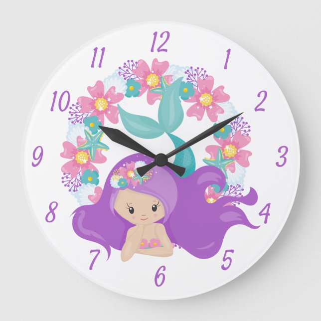 Niedlich Little Girl Meerjungfrau Lila Pink Blume Große Wanduhr (Vorderseite)