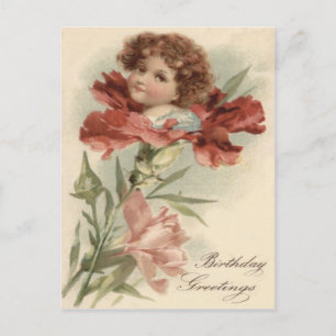 Niedlich Little Girl Red Petunia Blume Postkarte