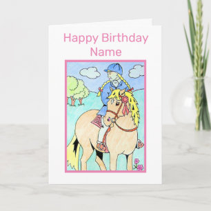 Niedlich Little Girl Riding Pony Cartoon Geburtsta Karte