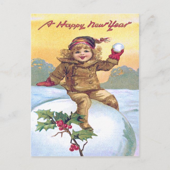 Niedlich Little Girl Snowball Holly Snow Postkarte (Vorderseite)