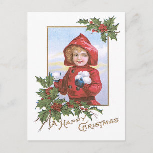 Niedlich Little Girl Snowballs Holly Postkarte