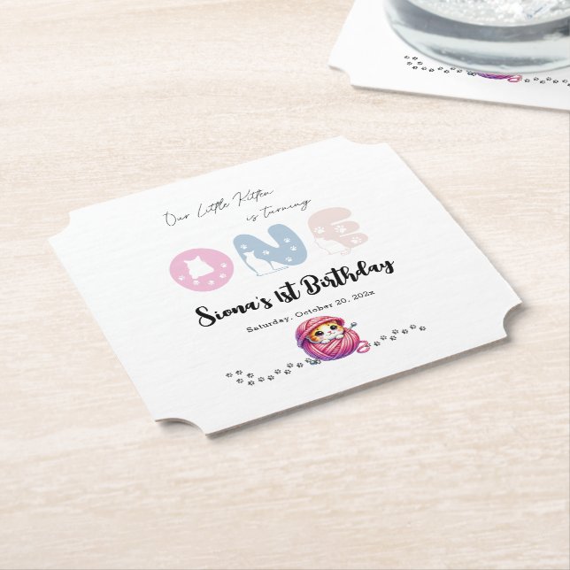 Niedlich Little Kitten 1. Geburtstag Party Untersetzer (angewinkelt)