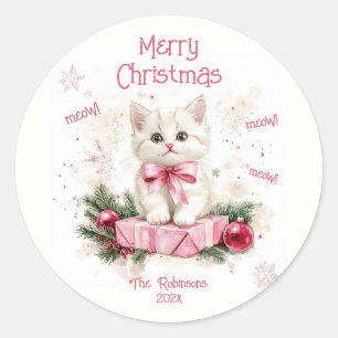 Niedlich Little Kitten Pink Weihnachten Runder Aufkleber