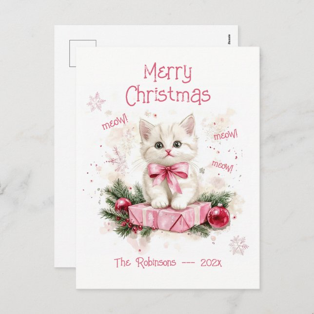 Niedlich Little Kitten Pink Weihnachtskarte Feiertagspostkarte (Vorne/Hinten)