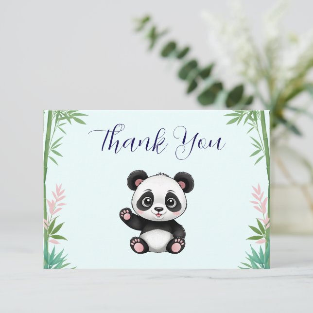 Niedlich Little Panda Greenery Babydusche Dankeskarte (Stehend Vorderseite)