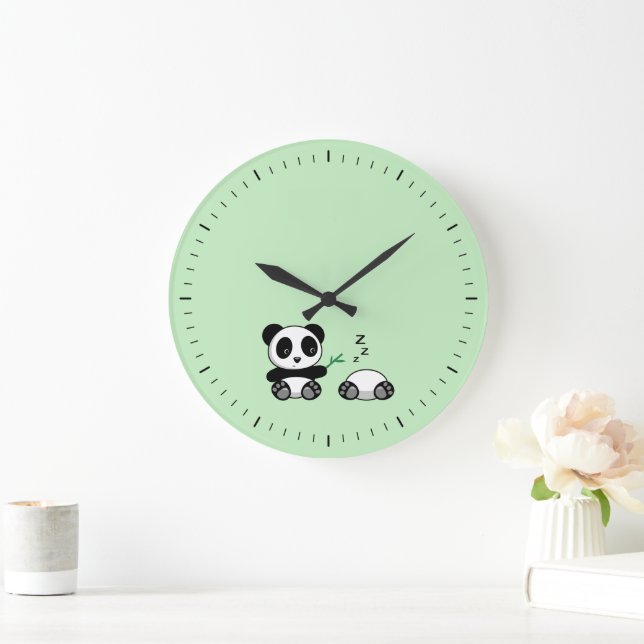 Niedlich Little Pandas auf Green Große Wanduhr (Zuhause)