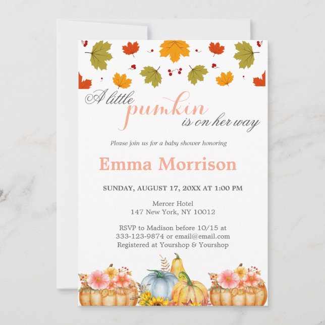 Niedlich Little Pumpkin Fall Baby Dusche Einladung (Vorderseite)