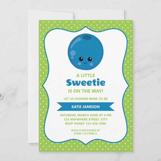 Niedlich Little Sweetie Blueberry Baby Dusche Einladung (Vorderseite)